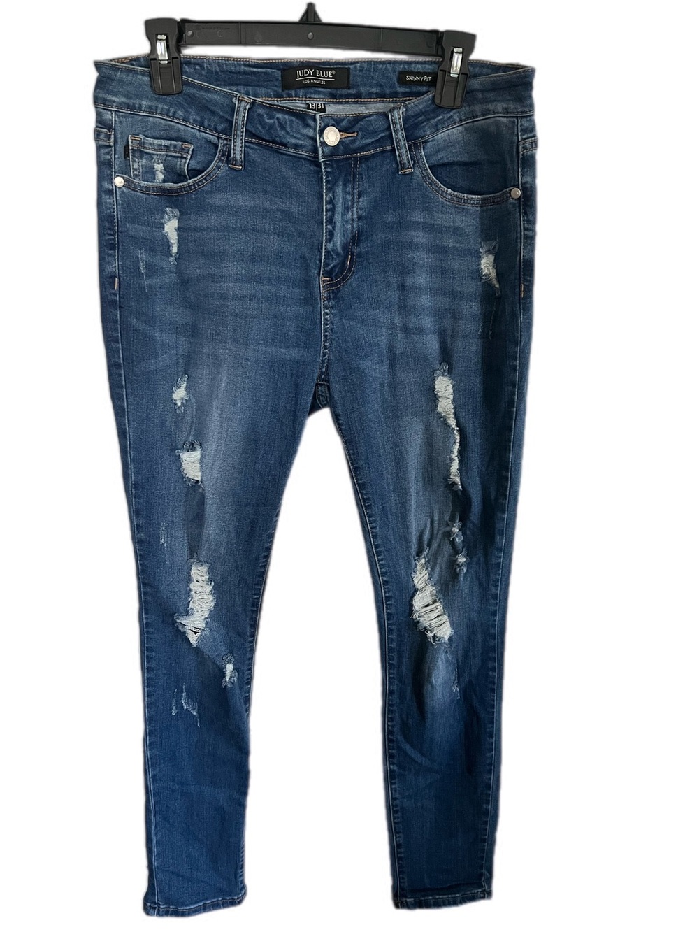 Judy Blue Medium Wash Destructed Distressed Front & Back Skinny Jeans Fits 13/31